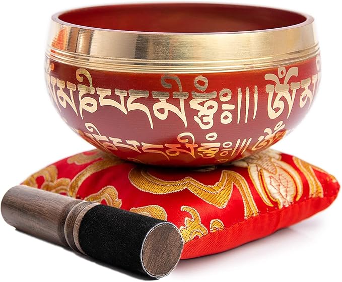 Tibetan Singing Bowl Set - Easy To Play for Beginners - Authentic Handcrafted Mindfulness Meditation Holistic Sound 7 Chakra Healing Gift by Himalayan Bazaar (Crimson)