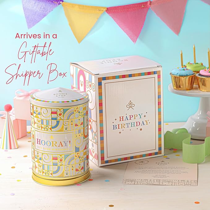Birthday Gift Basket | Popcorn, Sweets, Candy, Cake Flavors | Tin Spins, Plays Music Happy Birthday | Bonnie and Pop