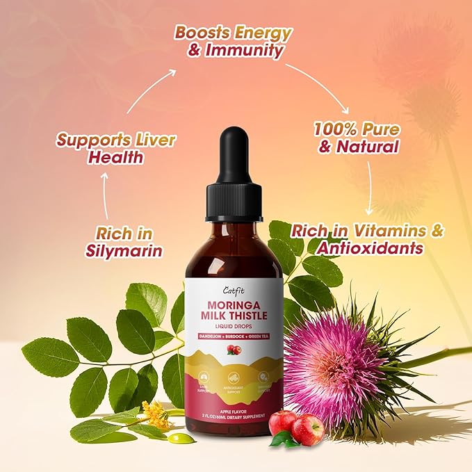 Milk Thistle Liver Detox Drops Apple Flavor – Liver Cleanse Detox & Repair with Moringa, Dandelion, Burdock & Green Tea – Herbal Liquid Supplement for Liver Support & Liver Health, Vegan, 2 Fl Oz