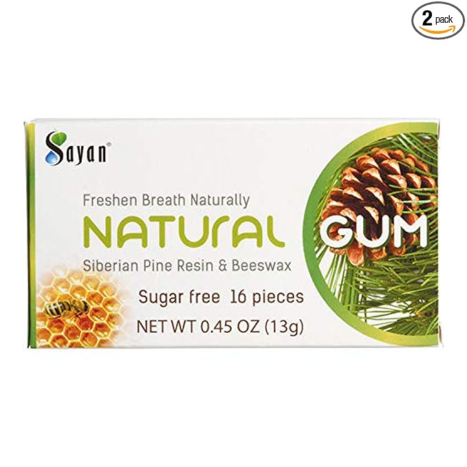 Sayan Sugar Free All Natural Gum, Siberian Pine Tree Resin and Beeswax Chewing Gum for Fresh Breath, Vegetarian, Non-GMO, No Sugar, Gluten Free, Aspartame Free, No Preservatives - 2 Packs (32 Pieces)