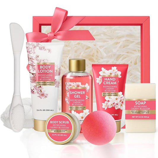 Refreshing Cherry Blossom Spa Gifts for Women, 8 Piece Gift Set with Bubble Bath, Bath Gift Baskets for Her, Relaxing Care Package with Body Scrub, Lotion, Hand Cream, Soap