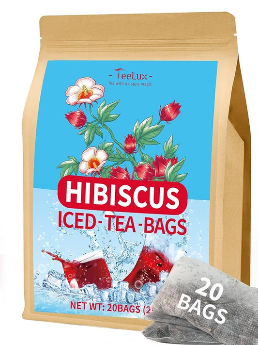 TeeLux Hibiscus Iced Tea, Family Sized Hibiscus Tea Bags, Natural Hibiscus Flowers Herbal Tea, Refreshing Tart Flavor, Caffeine Free, 20 Count