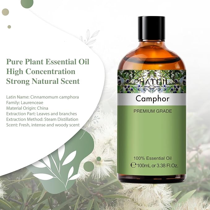 Camphor 3.38fl.oz Essential Oil, PHATOIL Aromatherapy Essential Oils for Diffuser, Humidifier, Perfect for DIY Soap, Candle, Bath Bombs Making(100ml)