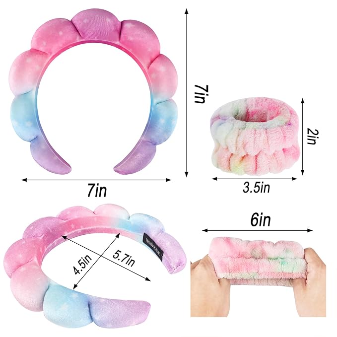 Zkptops Spa Headband for Washing Face Wristband Set Sponge Makeup Skincare Velvet Fabric Bubble Soft Get Ready Hairbands for Women Puffy Headwear Non Slip Thick Thin Hair Accessory(Star)