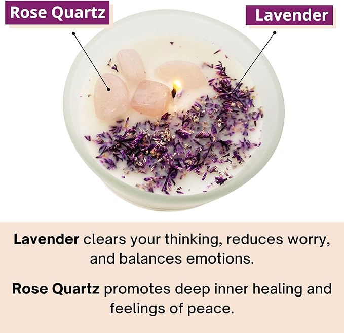 Crystal Vibe Healing Crystal Candle with Rose Quartz Crystals and Lavender Petals - Natural Soy Wax Lavender Scented Candle for Aromatherapy Meditation - Birthday Christmas Gifts for Women