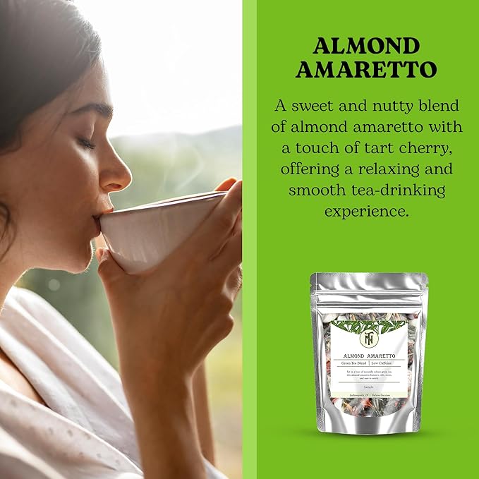Nelson's Tea Almond Amaretto - Herbal Green Loose Leaf Tea, Curated Blend with Sencha Green Tea, almonds, Dried Cherries, and Safflower - Perfect for Bedtime Brew (Sample 0.3 Oz)