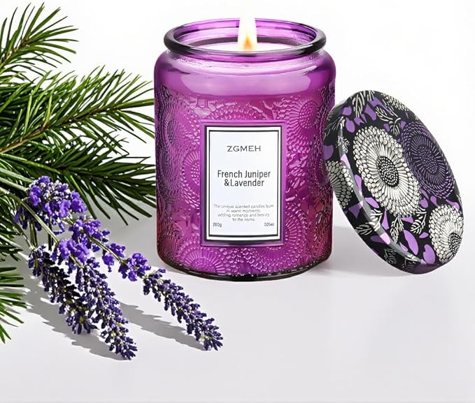 Jar Candles Lavender Home Scented - 100% Natural Soy Wax & 1 Cotton Wick,Luxury Embossed Bottle Candle,Scented Jar Candle Gift for Women/Men 7.05oz/40 Hours Burn Time