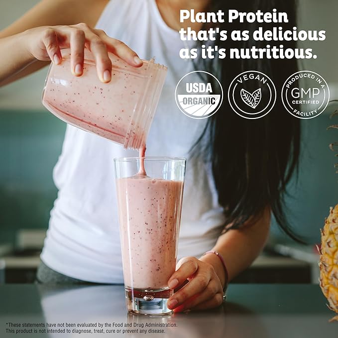 KOS Vegan Protein Powder, Strawberries & Cream USDA Organic - Low Carb Pea Protein Blend, Plant Based Superfood with Vitamins & Minerals, Gluten Free - Meal Replacement for Women & Men - 28 Servings