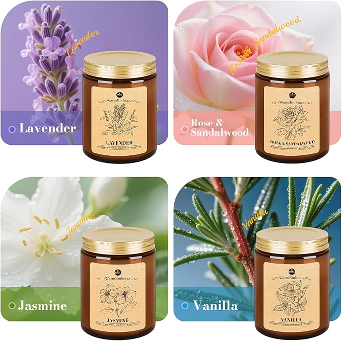 WarmEmbrace Lavender Candles, 4-Pack Scented Candle Set for Women, 7.6 oz Natural Organic Soy Wax in Glass Jar, 160 Hours Long-Lasting Burn, Perfect for Mom Girl Friend Birthday Gifting (4 Fragrance)