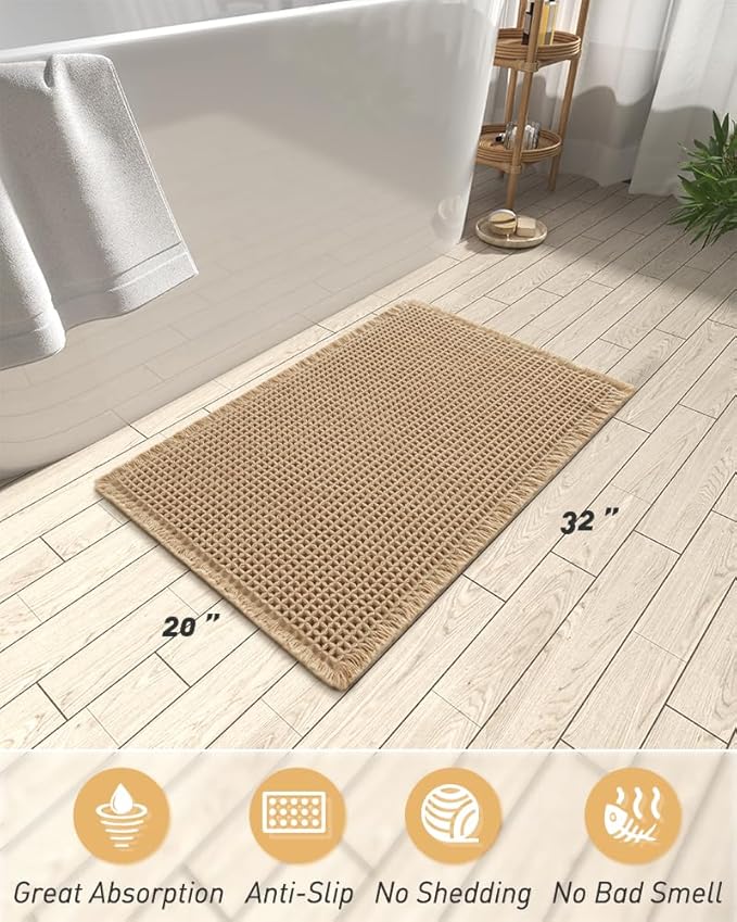 AMOAMI Upgraded Waffle Bath Mat, Super Absorbent Non Slip Bath Mats for Bathroom Floor, Machine Washable Bathroom Rugs with Tassels, Rubber Backed Bathroom Mats, Ultra Soft, 20" x 32", Brown