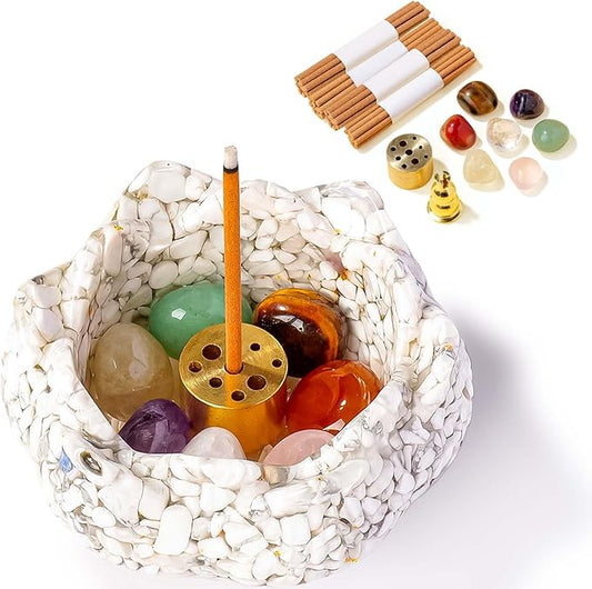 Incense Burner Resin Crystal Lotus Flower Incense Holder for Inserting Incense Removable Ash Collector for Meditation Room and Home Decor (White Turquoise, 3.15")