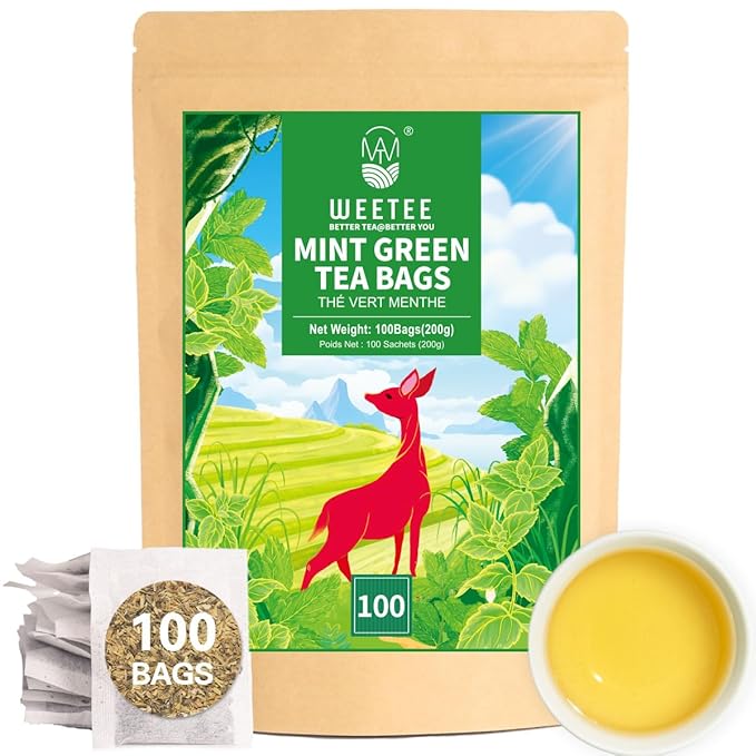 WT WEETEE Mint Green Tea Bags, 100 Count, Perfect blend of Green Tea, Peppermint, Spearmint, Lemongrass, Lemon Balm, Low Caffeine Mint Medley Herbal Tea