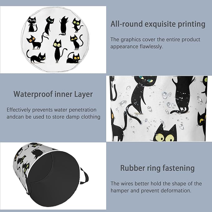 Funny Black Cat Laundry Hamper,Dirty Clothes Laundry Basket with Handles Waterproof Oxford Cloth Storage Basket for College Dorms Bathroom Bedroom 16" x 20.8"