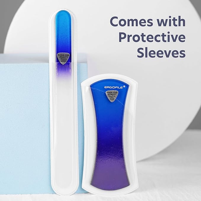 BONA Fide Beauty Glass Nail File Manicure Set, 2-Pieces Blue Ergonomic Comfort Grip Bow Ergofile for Gentle & Efficient Filing, Nail Care Tools Genuine Czech Glass