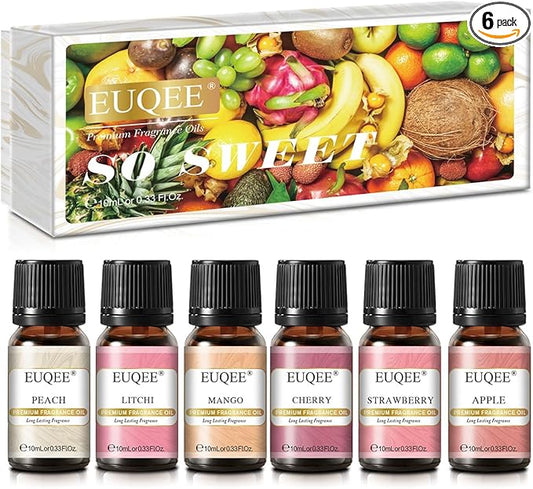 EUQEE Premium Fruit Fragrance Oils Gift Set for So Sweet - 6x10ml-Strawberry, Cherry, Litchi, Apple, Mango, Peach - Scented Essential Oils for Diffuser, Candle Making