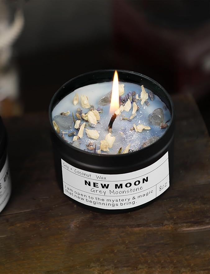 New Moon Gray Moonstone New Beginnings Ritual Energy Gift Grounding Manifestation Intention De-Stress Good Fortune Success Protection Meditation Magic Hande Made Candle(8oz).