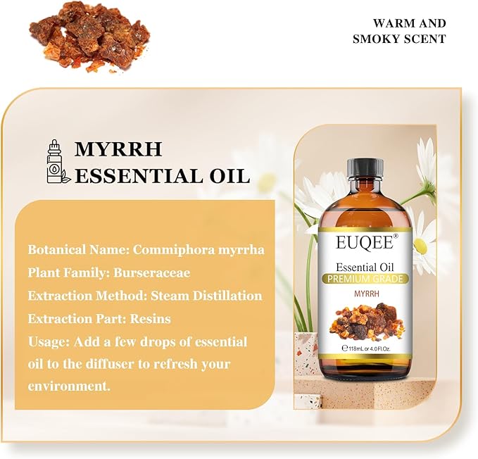 EUQEE Myrrh Essential Oil, Premium Myrrh Oil with Glass Dropper for Aromatherapy, Diffuser, Soap Candle Making - 4 Fl oz/ 118ML
