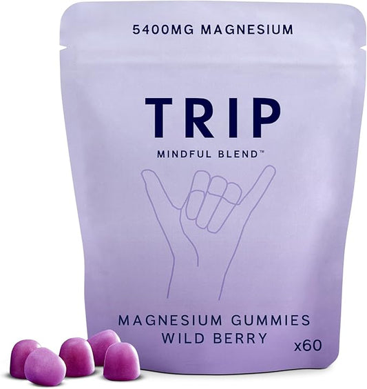 TRIP Magnesium Citrate Gummies Infused with L Theanine, Vegan, Sugar Free Magnesium Supplement for Adults, 180mg per Serving, On The Go Calming Gummy, Wild Berry Flavor, 1 Bag - 60 Count