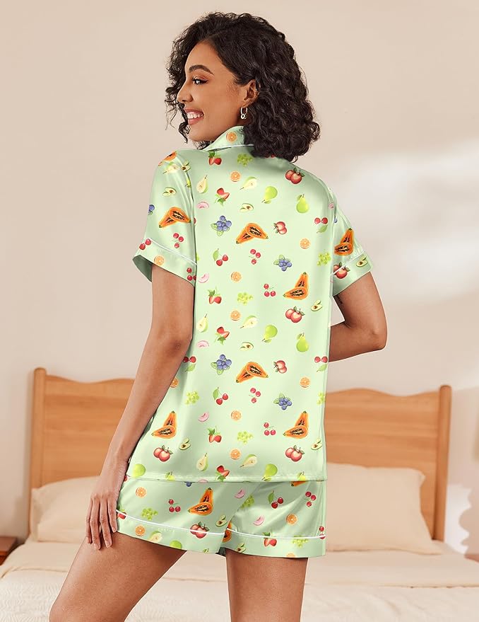Ekouaer Silk Pajamas for Women Short Sleeve Sleepwear Soft Button Down Loungewear 2 Piece Satin Pjs Shorts Set S-XXL