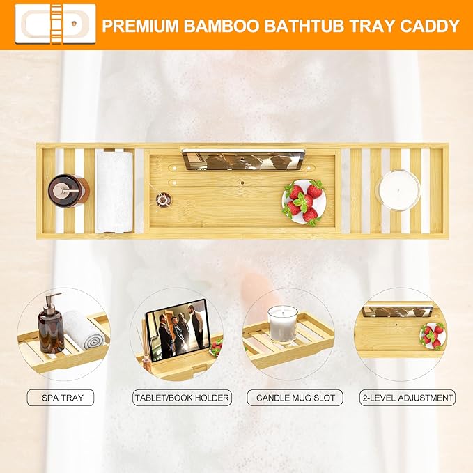 Bathtub Tray - Bath Tray Expandable - Bath Table Trays for Bathtub/Tub,Premium Bamboo Wooden, Fits Most Bath Tubs