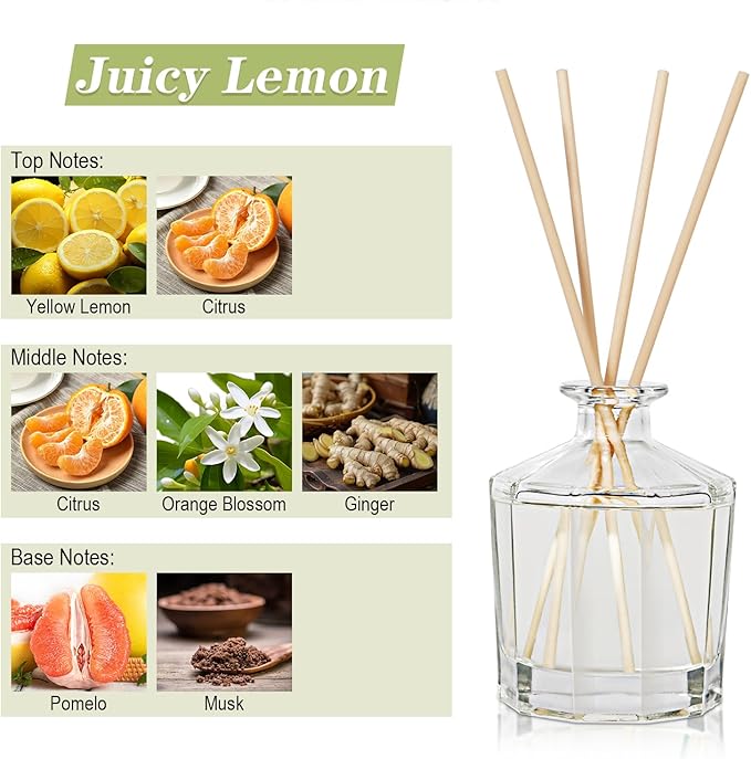 L'odeur Vill Reed Diffuser, 8.5 Oz(250ml) Juicy Lemon Bathroom Diffuser with 10 Sticks, Scented Diffuser Home Fragrance Essential Oil Reed Diffuser Set for Home Large Rooms Bathroom Shelf Decor