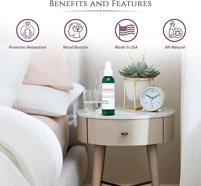 Lavender Sleep Spray for Pillows, Linens & Pajamas – Natural Calming Lavender & Clary Sage Aromatherapy Mist with Amethyst & Reiki Energy. Deep Sleep + Bedtime Relaxation for Adults & Kids. 4 oz (1)