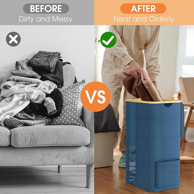 Laundry Basket Clothes Hamper with Lid and Pocket Large Collapsible Laundry Baskets with Handle, Freestanding Hampers for Bedroom Aesthetic, Dorm, Bathroom, Laundry Room (100L,Light Blue)