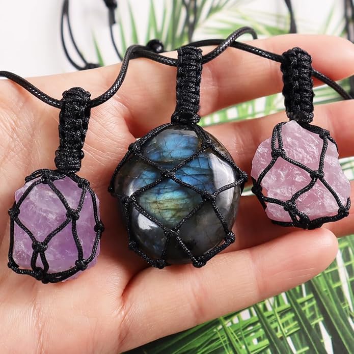 Handmade Natural Gemstone Crystal Pendant Necklace Stone Holder Necklace Cord Net Necklace with Adjustable Length for Women Men