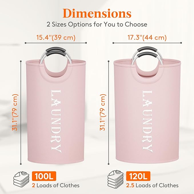 Lifewit 120L 2-Pack Large Laundry Basket, Collapsible Laundry Hamper with Aluminum Handles, Waterproof Freestanding Dirty Clothes Hampers for Laundry Room Bedroom Dorm Bathroom, Pink
