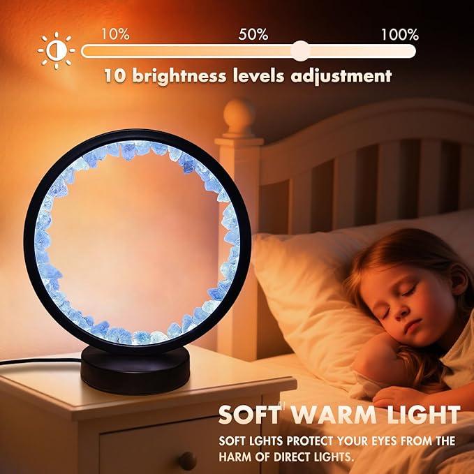 Crystal Night Light,3 Colors Ambient Lighting USB Dimming Healing Crystal Table Lamp,Natural Energy Crystal Decor for Bedroom Home Dating Gift (Blue, Circle)