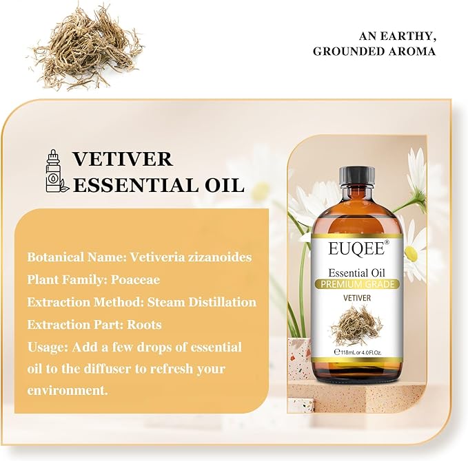 EUQEE Vetiver Essential Oil 4oz/118ML Large Bottle Vetiver Oil Premium Essential Oil for Candle Making, Humidifier, Diffusers - with Glass Dropper