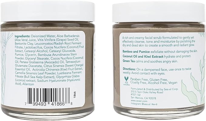 Sea El Coconut Kiwi Exfoliating Face Scrub Hydrating Calming & Purifying Anti Aging Exfoliator - Bamboo Pumice & Green Tea Detoxifying Exfoliant Facial Cleanser & Polish for Women & Men - 4 Oz