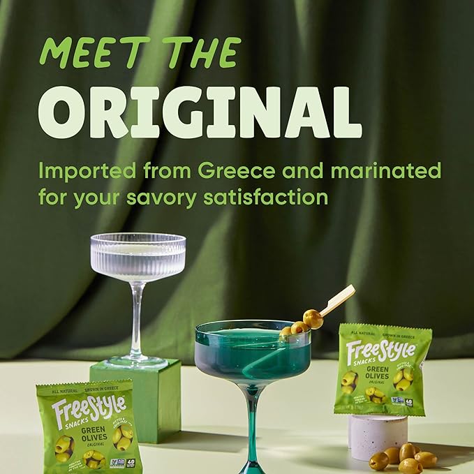 Freestyle Snacks Olive Snack Packs - Single Serve - Fresh Pitted Green Olives, Jumbo-Sized, Grown in Greece, All Natural, Non-GMO, Paleo, Sugar-Free, Keto, Salty Snack - Variety, 1.1oz (6 Pack)