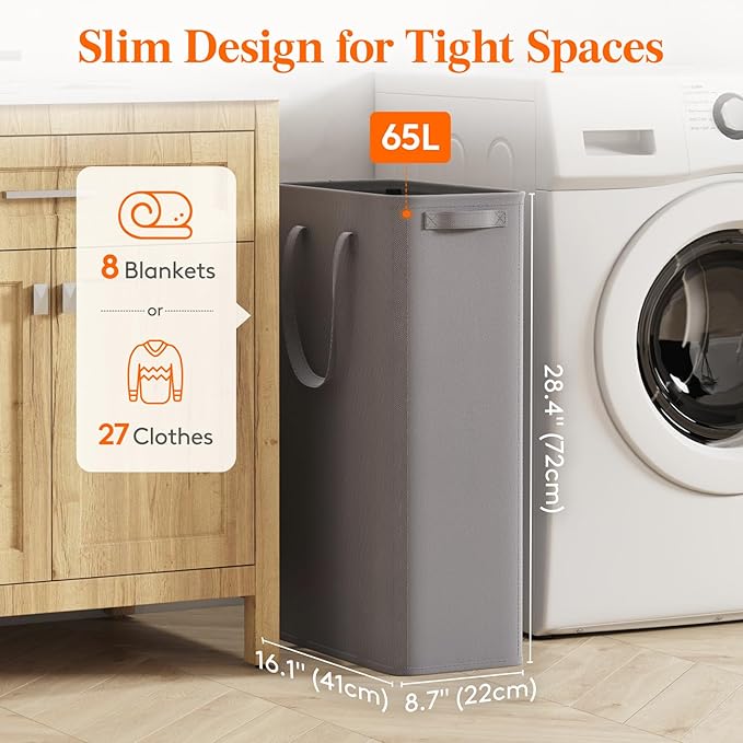 Lifewit 2 Pack Slim Laundry Hamper, Collapsible Narrow Laundry Basket, Small Tall Dirty Clothes Hampers with Handles for Bathroom Bedroom College Dorm, Grey, 65L