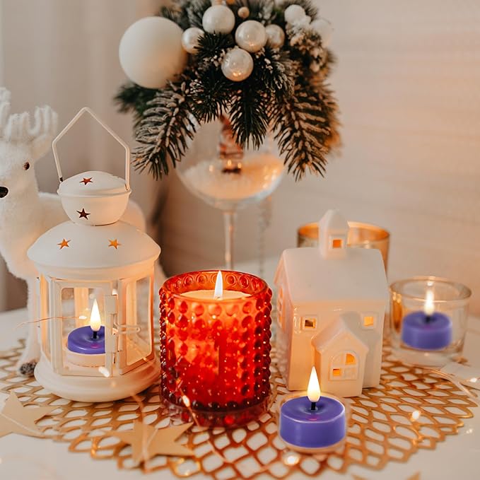 Eywamage Purple Flameless Wax Tealights with Remote Batteries, Flickering Colored LED Tea Votive Candles Set of 10
