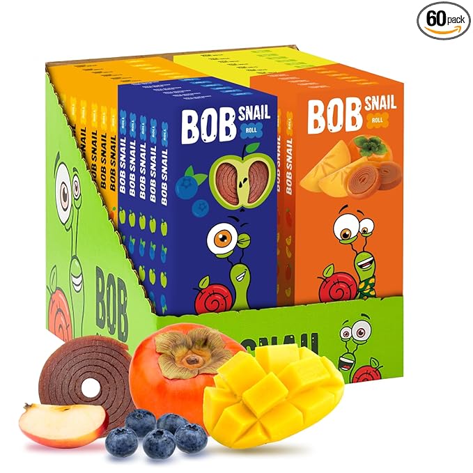 BOB SNAIL Healthy Organic Fruit Snacks for Kids and Adults – 60 Organic Fruit Roll Up with Mango, Apple, Blueberry, Persimmon –Vegan Low-Carb Variety Pack Leather Strips for Kids–Sugar Free Jerky Bar