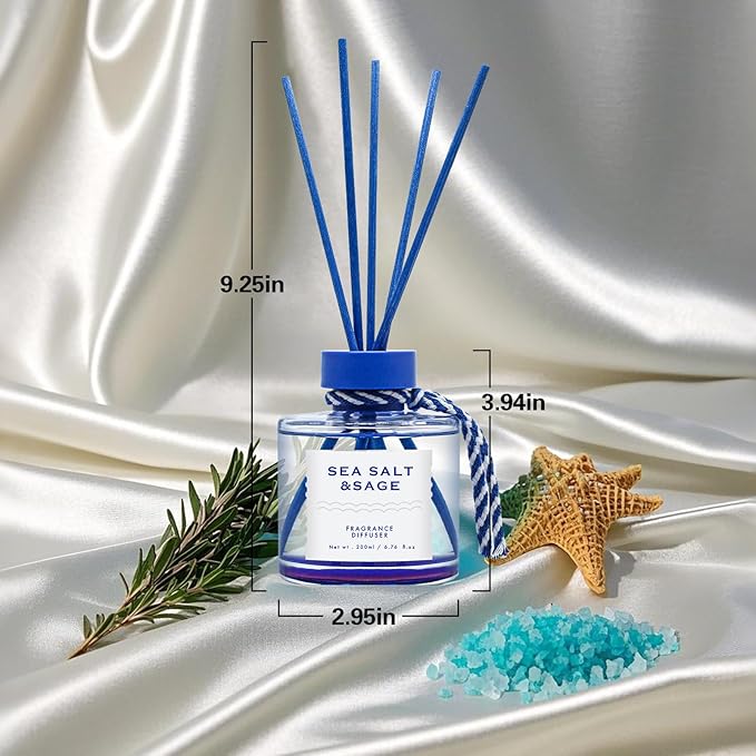 Sea Salt Reed Diffuser, 6.77OZ/200ML Large Capacity Natural Non-Toxic Oil, Long-Lasting Fragrance Reed Diffusers Set for Home and Bathroom, Aroma with 5 Reed Diffuser Sticks Gifts
