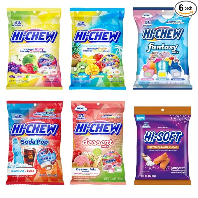 HI-CHEW Variety Mix, Pack of 6 Bags Including Salted Caramel - 15 Flavor Assort Sweet and Sour Chewy Halloween Candy, Fun Soft - Immensely Juicy Fruity Candy Flavors - Individually Wrapped for Sharing