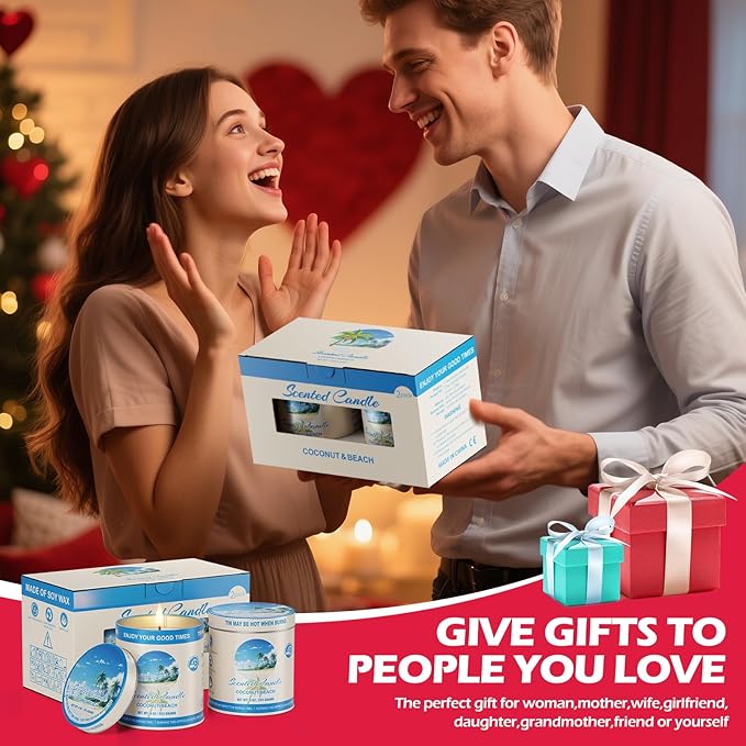 Coconut Beach Scented Soy Wax Candles | 2 Pack 510g 80H Burn Time 8% Essential Oils | Aromatherapy Jar Tin Candle for Stress Relief | Perfect Home Meditation, Yoga, Spa Stylish Gift for Men and Women