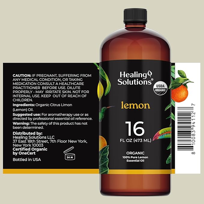 Healing Solutions Organic Lemon Diffuser Oil, Lemon Essential Oil Bulk, 16 oz - Large Bottle for Candle Making and Household Cleaning