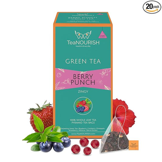 TeaNOURISH Berry Punch Green Tea | 20 Count Pyramid Tea Bags | Zingy & Refreshing | Darjeeling Whole Leaves | 100% Natural Fresh Berries & Hibiscus Flower