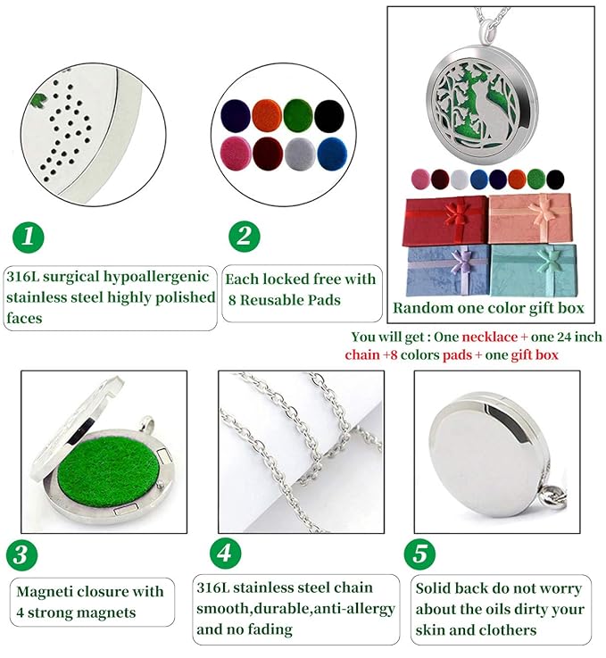 Essential Oil Diffuser Necklace, Aromatherapy Perfume Stainless Steel Cat Locket Pendant Jewelry Christmas Birthday Gift for Women Men Teen