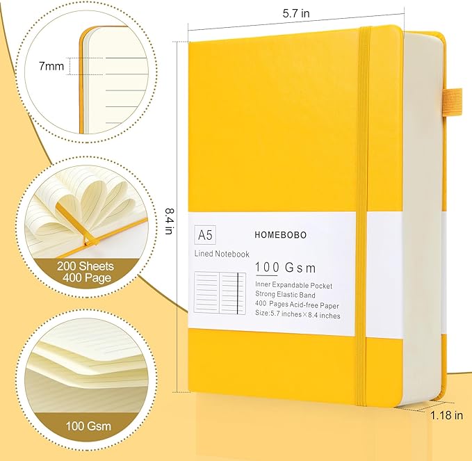 Journals for Writing, A5 Leather Ruled Notebook with 400 Pages, 100 Gms College Ruled Journal with Thick Paper, Hardcover with Inner Pocket & Pen Holder, Black