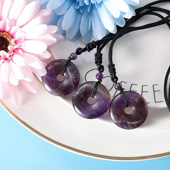 Jovivi 30mm Circle Donut Healing Crystals Necklace Natural Semi-Precious Chakra Gemstone Stone Amulet Lucky Coin Donuts Charm Protection Quartz Reiki Pendant Necklace for Men Women Adjustable Rope