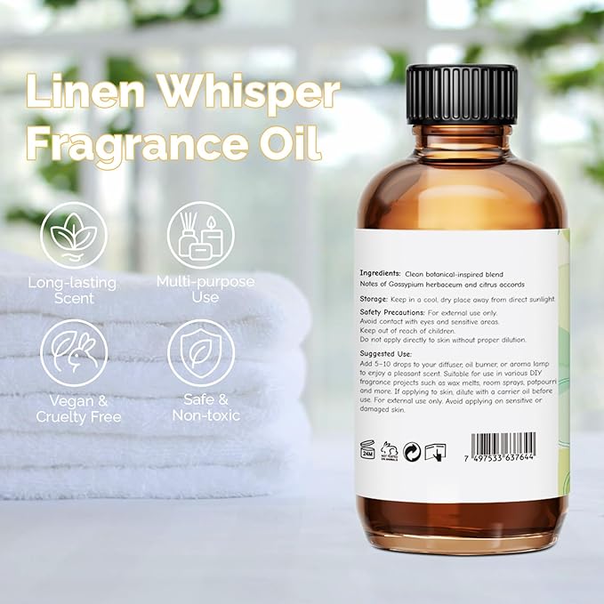 Linen Whisper Fragrance Oil 2 Oz, Natural Scent Oil for Home Essential Oils Diffuser, Candle Making, Soap Making, DIY Body Oils, Perfume, Body Mist, Spray - Fresh Linen Scent