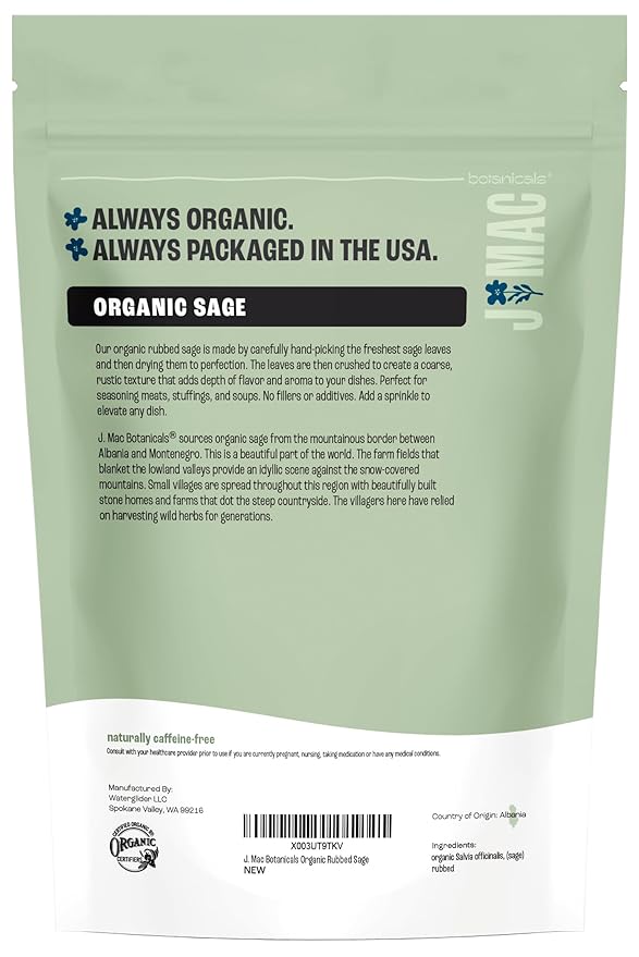 J Mac Botanicals, Organic Rubbed Sage (8 oz), Certified USDA Organic, Dried Rubbed Sage Leaf. Culinary Grade-excellent for sausage making, fresh Albanian harvest