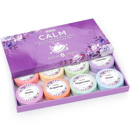 Shower Steamers 8 Pack Set Shower Bombs Tablets in Purple Box with 8 Fragrances with Shea Butter for Self-Care & Relaxation, Idea for Women and Men