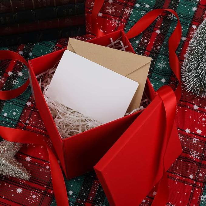 Gift Box with Lid 7x7x7 Inches, Red Gift Boxes for presents Packaging for Birthdays, Valentine's Day, Christmas, Anniversaries (Include Shredded Paper Fill, Envelope Card Ribbon)
