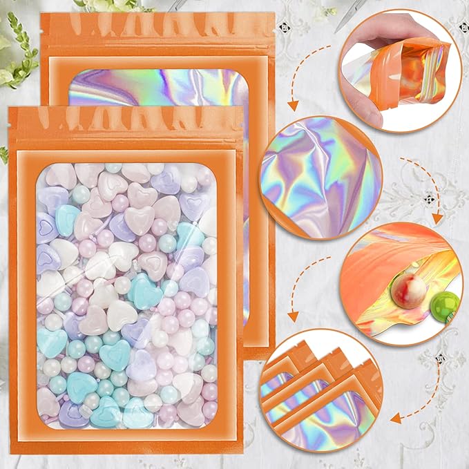 100 Pieces Smell Proof Mylar Resealable Bags, Holographic Packaging Bags, Resealable Odor Foil Pouch Zip Bag with Clear Window for Food Storage and Lipgloss, Jewelry Lash (Orange, 6.3 x 9.4 Inch)