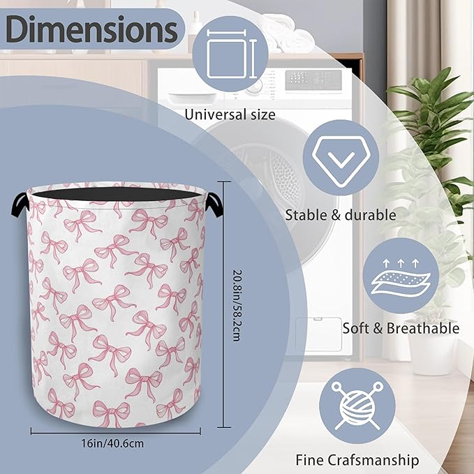 Cute Pink Bow Laundry Basket,Foldable Oxford Cloth Tote Bag Laundry Hamper Clothes Storage Bucket Organizer for Bedroom Laundry Storage Dormitories 16" x 20.8"